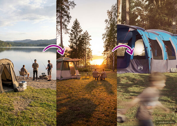 Delt banner som viser en utvikling av campingopplevelser. Til venstre fisker og slapper tre personer av ved et lite telt ved innsj&oslash;en i solnedgang. I midten sitter to personer ved et bord med et st&oslash;rre bl&aring;tt og gr&aring;tt telt bak seg, ogs&aring; i solnedgang. H&oslash;yre side viser et uklart bilde av en st&oslash;rre teltlignende struktur. Piler viser en overgang mellom scenene og antyder en oppgradering av friluftsopplevelsen.