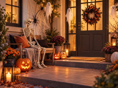 Halloween-pyntet inngangsparti med lysende gresskar, et skjelett p&aring; en benk, hengende sp&oslash;kelser, spindelvev og varme festlys.