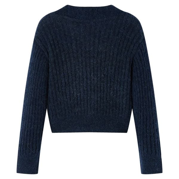 Cardigan for barn strikket marinebl&aring; 140