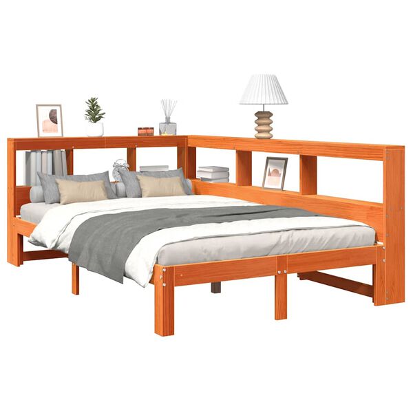 vidaXL Seng med bokhylle uten madrass voksbrun 120x190 cm heltre furu