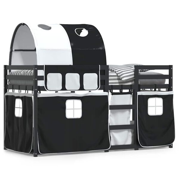 vidaXL Køyeseng med gardiner hvit og svart 90x190 cm heltre furu