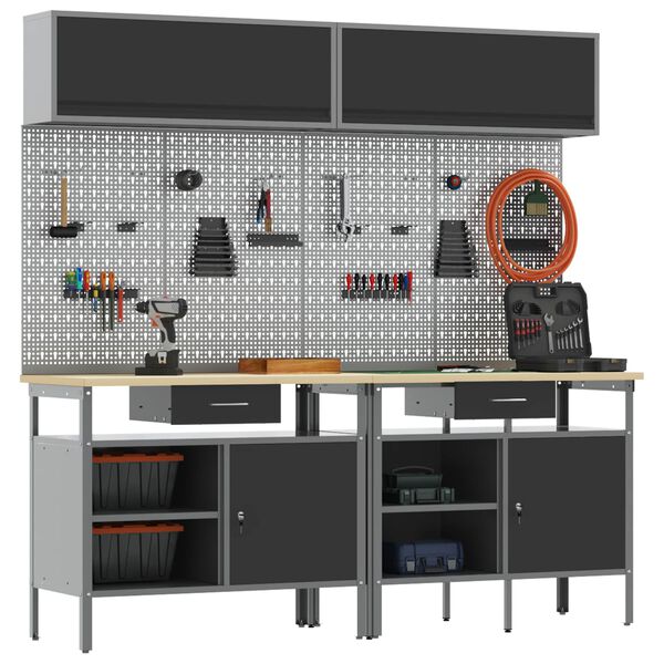 vidaXL Arbeidsbenksett med skuff med hylle med l&aring;s 8 pcs Svart St&aring;l