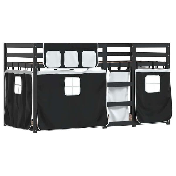 vidaXL Køyeseng med gardiner hvit og svart 90x190 cm heltre furu