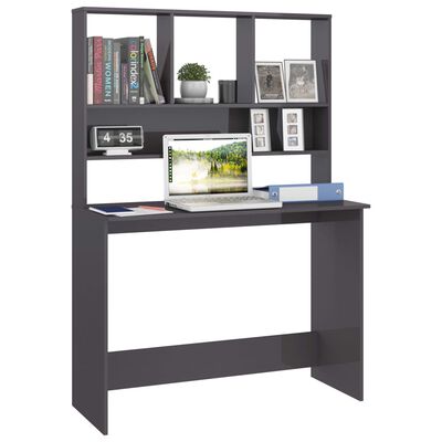 vidaXL Skrivebord med hyller høyglans grå 110x45x157 cm sponplate
