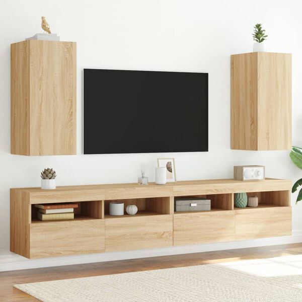 vidaXL Vegghengte TV-benker med LED 2 stk sonoma eik 30,5x35x70 cm