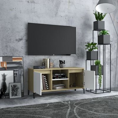 vidaXL TV-benk med metallben hvit og sonoma eik 103,5x35x50 cm