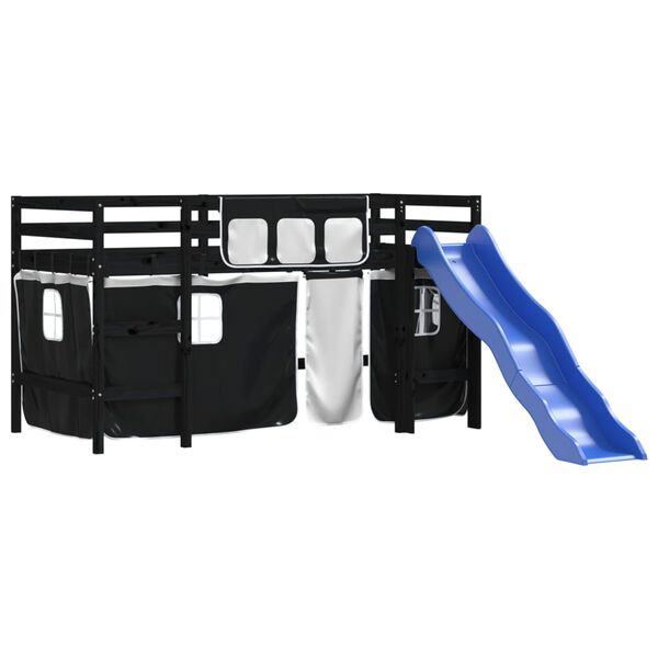 vidaXL Køyeseng for barn gardiner hvit og svart 90x190 cm heltre furu