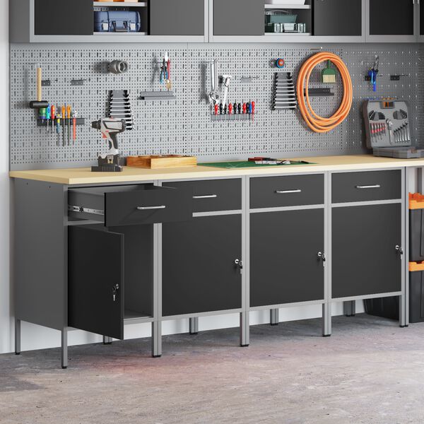 vidaXL Arbeidsskap med skuff 4 pcs Svart og Gr&aring; 200 x 55 x 85 cm