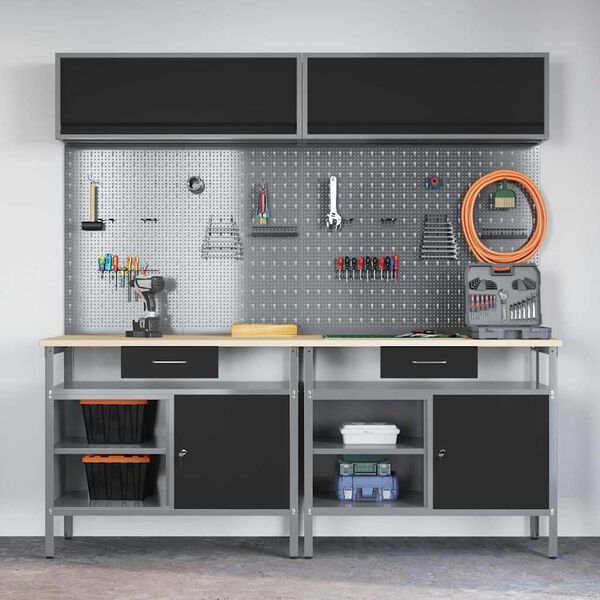 vidaXL Arbeidsbenksett med skuff 8 pcs Svart 200 x 55 x 200 cm Stål