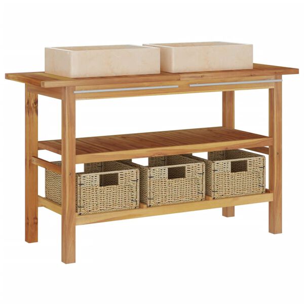 vidaXL Baderomshylle med kremhvite marmorvasker heltre teak