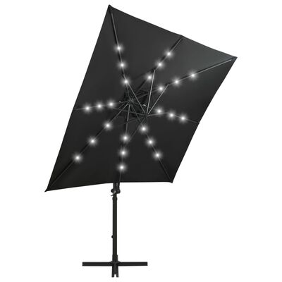 vidaXL Hengeparasoll med stang og LED-lys 250 cm svart