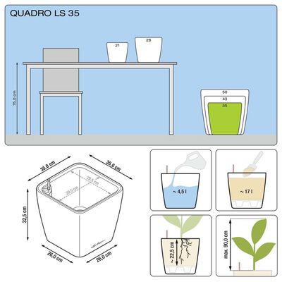 LECHUZA Plantekasse QUADRO LS 35 ALL-IN-ONE høyglans hvit 16160