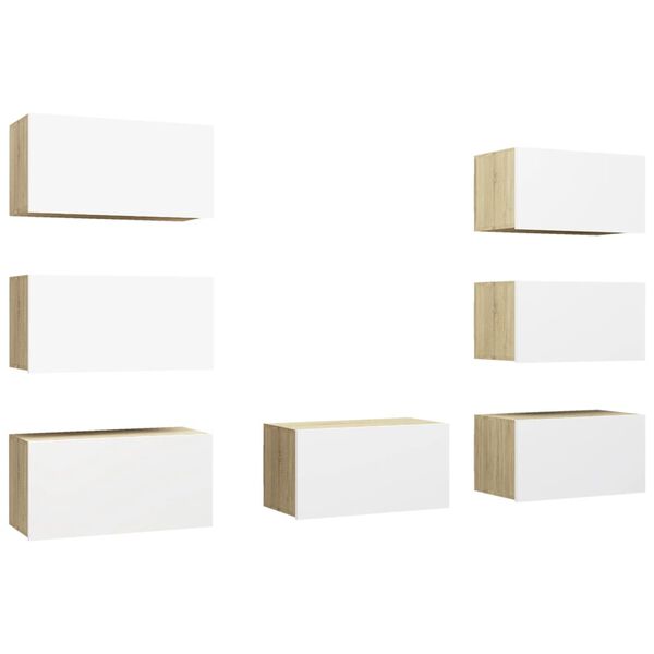 vidaXL TV-benker 7 stk hvit og sonoma eik 30,5x30x60 cm konstruert tre