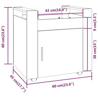 vidaXL Tralle til skrivebord grå eik 60x45x60 cm konstruert tre