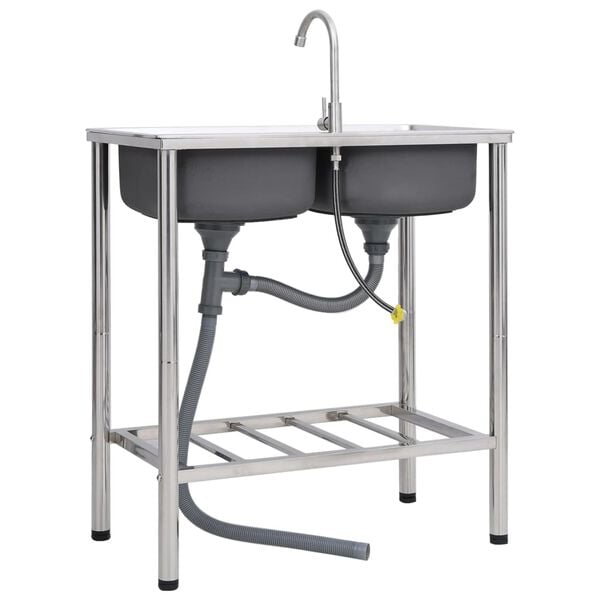 vidaXL Campingvask med dobbel kum og kran rustfritt st&aring;l