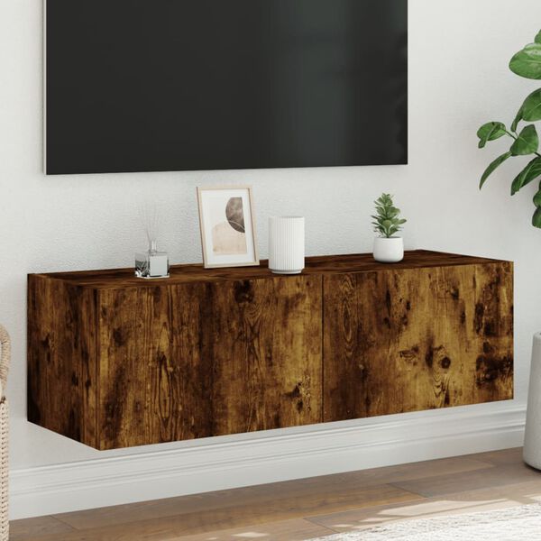 vidaXL Vegghengt TV-benk med LED r&oslash;kt eik 100x35x31 cm