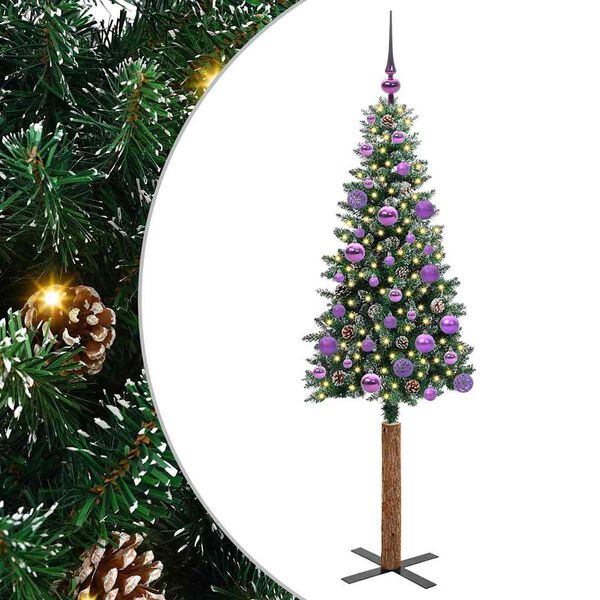vidaXL Slim juletre med 150 LED gr&oslash;nn 150 cm PVC og Massivt Furu tre