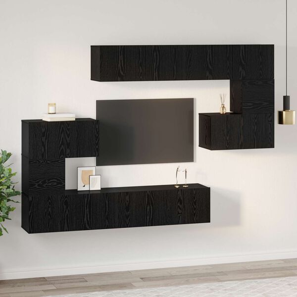 vidaXL TV-benksett Veggmontert 8 pcs Svart Eik Konstruert tre