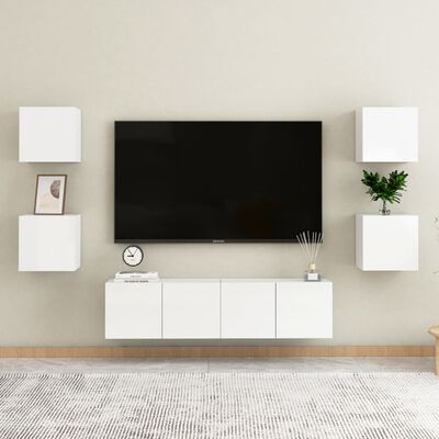vidaXL Vegghengte TV-benker 4 stk høyglans hvit 30,5x30x30 cm