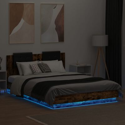 vidaXL Sengeramme med hodegavl og LED-lys røkt eik 120x200 cm