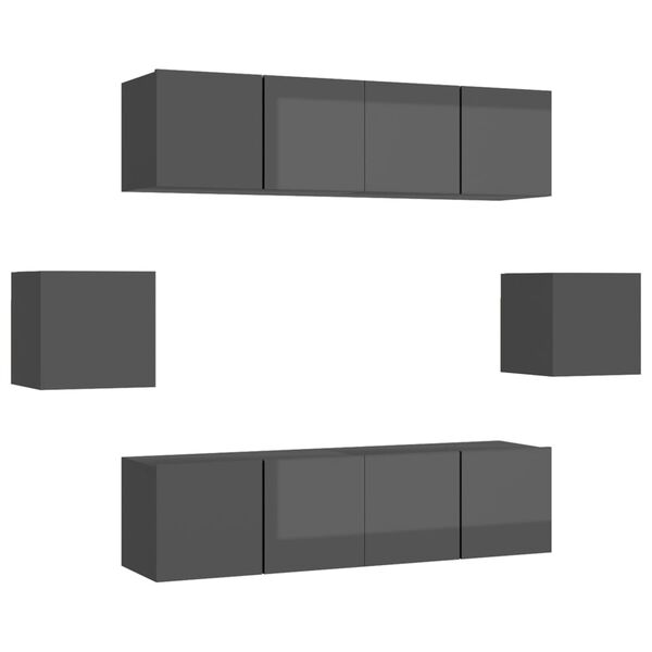 vidaXL TV-benksett 6 deler h&oslash;yglans gr&aring; konstruert tre