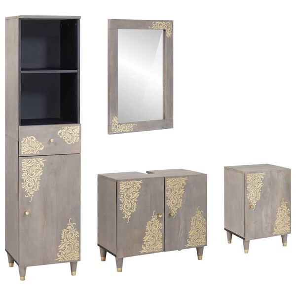 vidaXL Baderomsskapsett med skuff med dør 4 pcs Grå Massiv mango tre