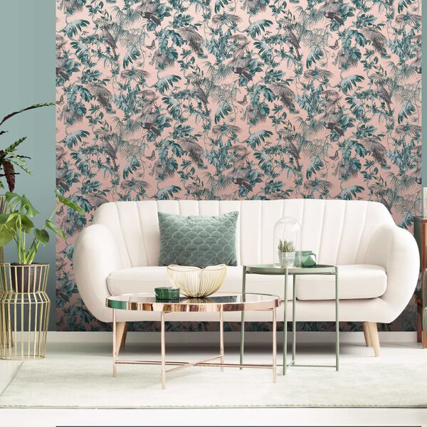 DUTCH WALLCOVERINGS Veggpanel blader og fugler gr&oslash;nn og rosa
