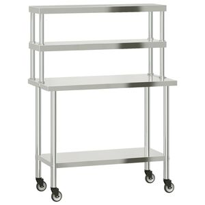 vidaXL Kj&oslash;kkenbenk med overhylle 110x55x150 cm rustfritt st&aring;l