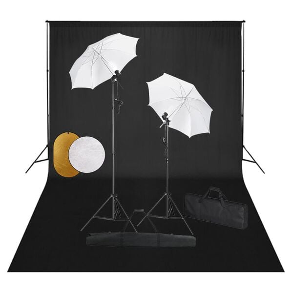 vidaXL Fotostudiosett med lamper, paraplyer, bakgrunn og reflektor