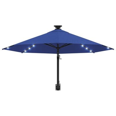vidaXL Veggmontert parasoll med LED og metallstolpe 300 cm blå
