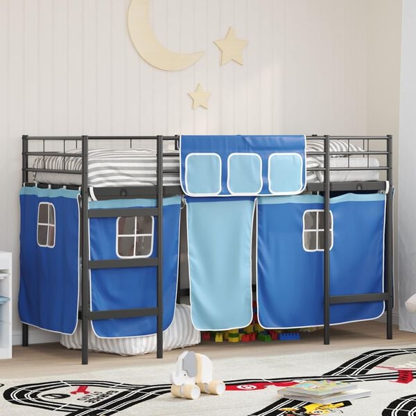 vidaXL Kiddos Loft Senge Ramme med Gardiner Svart og Bl&aring; 74,5 x 190 cm