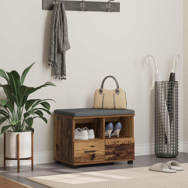 vidaXL Gangbenk med pute med skuff Gammelt tre 60 x 38 x 46 cm