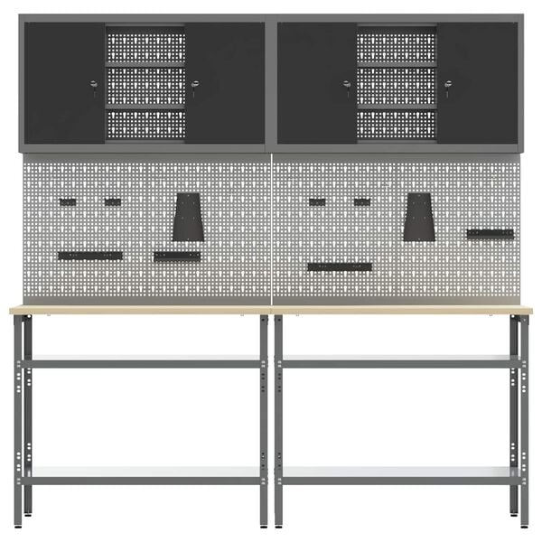 vidaXL Arbeidsbenksett med hylle med l&aring;s 8 pcs Gr&aring; Pulverlakkert st&aring;l