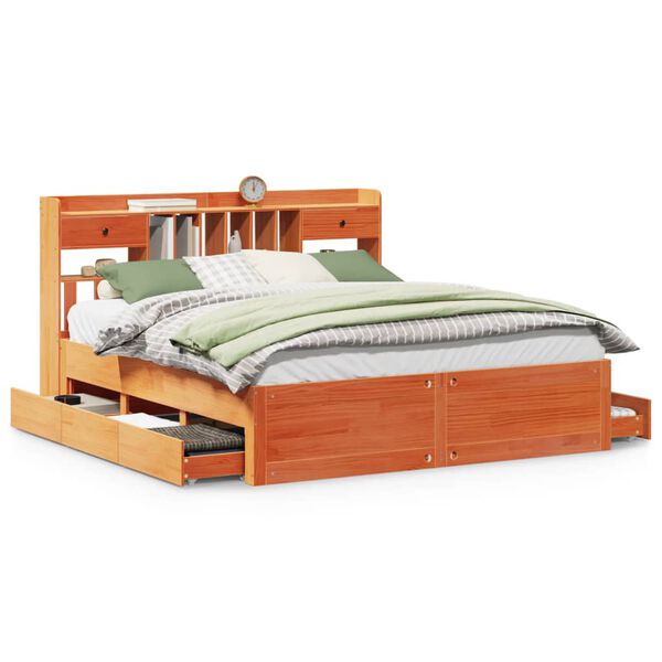 vidaXL Seng med bokhylle uten madrass voksbrun 200x200 cm heltre furu