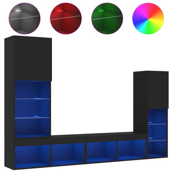 vidaXL Vegghengte TV-enheter med LED 4 deler svart konstruert tre