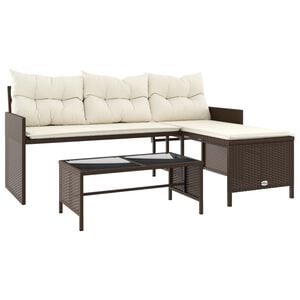 vidaXL Hagesofa med bord og puter L-formet brun polyrotting