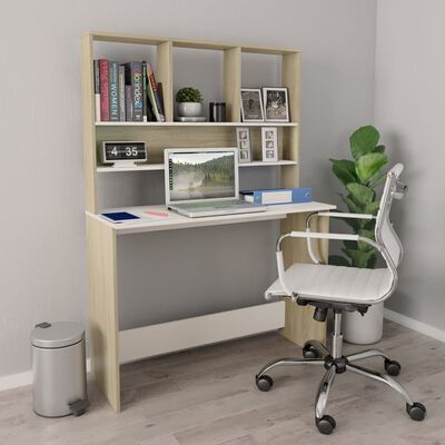 vidaXL Skrivebord med hyller hvit og sonoma eik 110x45x157cm sponplate