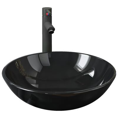 vidaXL Baderomsvask med kran og trykkavløp svart herdet glass