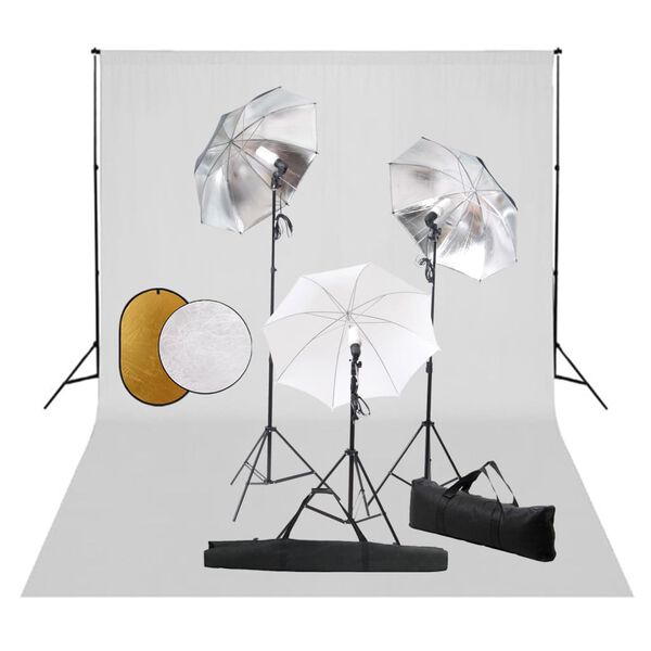 vidaXL Fotostudiosett med lamper, paraplyer, bakgrunn og reflektor