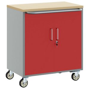 vidaXL Trolley Rullende Arbeidsbenk med l&aring;s R&oslash;d og Gr&aring; 75 x 45 x 85 cm