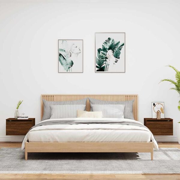 vidaXL Vegghengte nattbord med LED-lys 2 stk brun eik