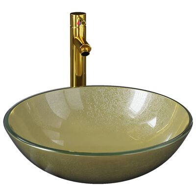 vidaXL Baderomsvask med kran og trykkavløp gull herdet glass