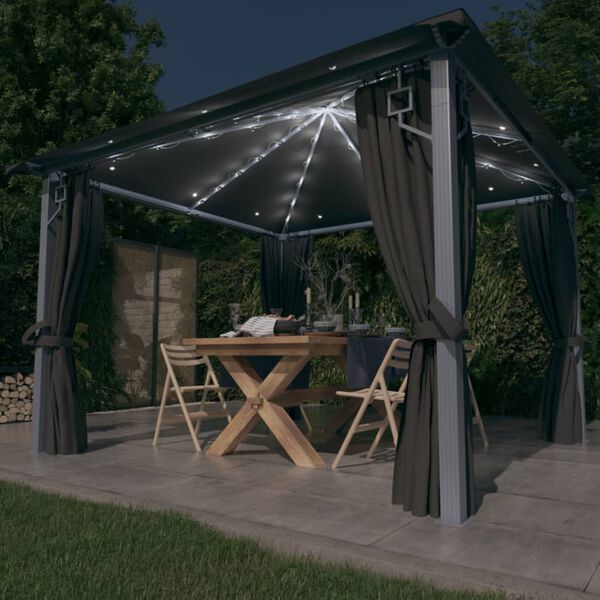 vidaXL Paviljong med gardin og LED-strenglys 3x3 m antrasitt aluminium