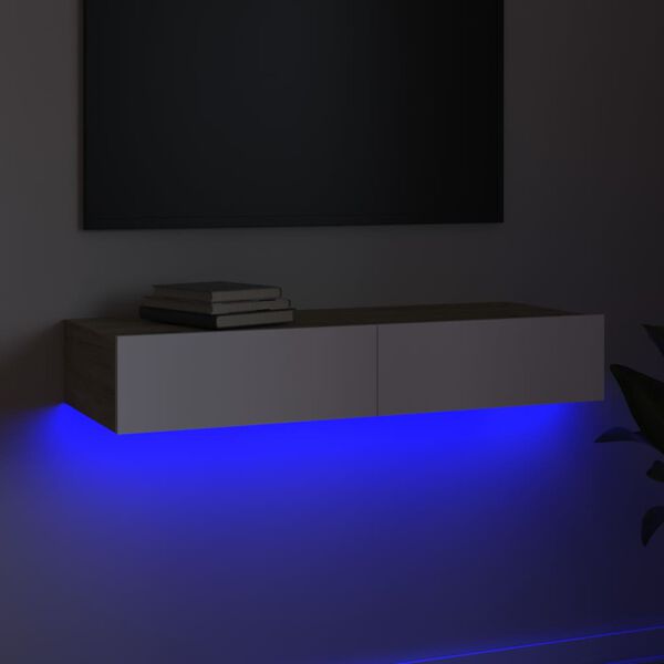 vidaXL TV-benk med LED-lys hvit og sonoma eik 90x35x15,5 cm