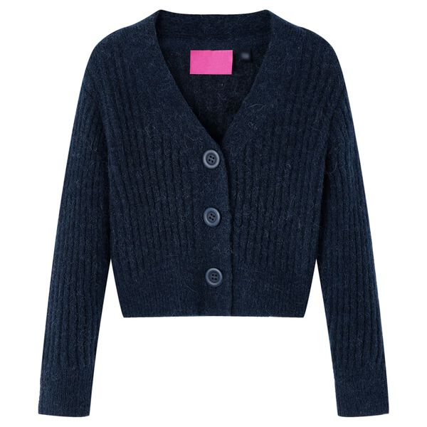 Cardigan for barn strikket marinebl&aring; 140
