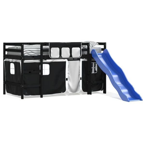 vidaXL Køyeseng for barn gardiner hvit og svart 80x200 cm heltre furu