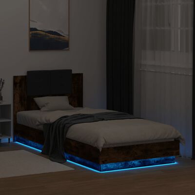 vidaXL Sengeramme med hodegavl og LED-lys røkt eik 90x200 cm