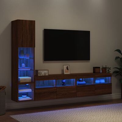 vidaXL Vegghengte TV-enheter med LED 4 deler brun eik konstruert tre
