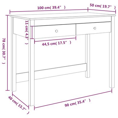 Skrivebord med skuffer hvit 100x50x78 cm heltre furu