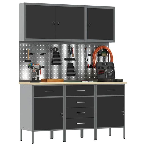 vidaXL Arbeidsskap med skuff 8 pcs Svart Konstruksjonsvirke og st&aring;l